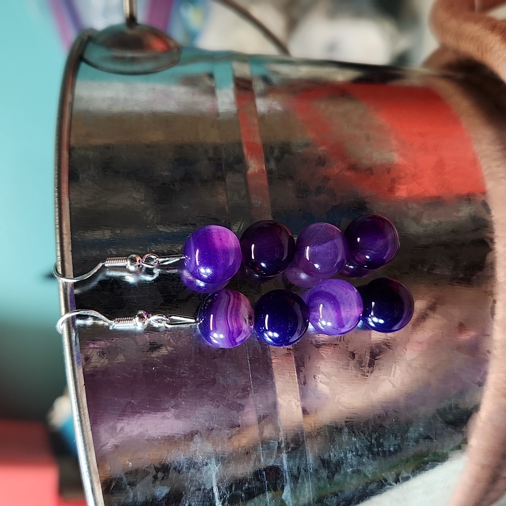 Hand Crafted Purple Agate Round Beads 925 Hardware Earrings - Picture 2 of 4